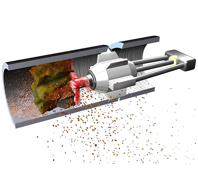 Debris in the clogged pipe is cleared using hydrojetting.