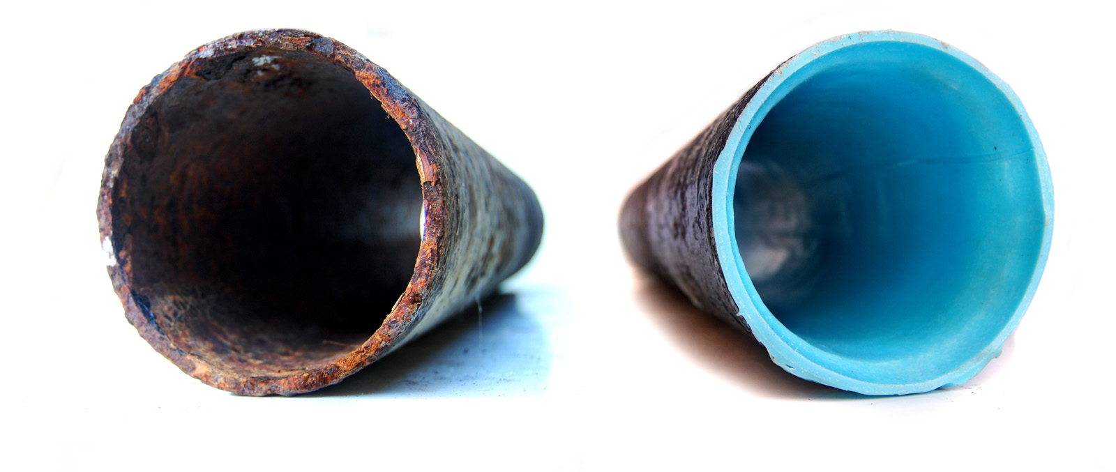Before and after epoxy pipe lining is installed in a pipe for trenchless repairs.